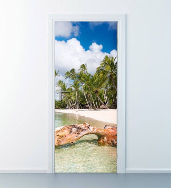 Tropical Beach Wall Decal, Sea Coast Sticker, Door Mural, Side Wallpaper, Home Design Covering