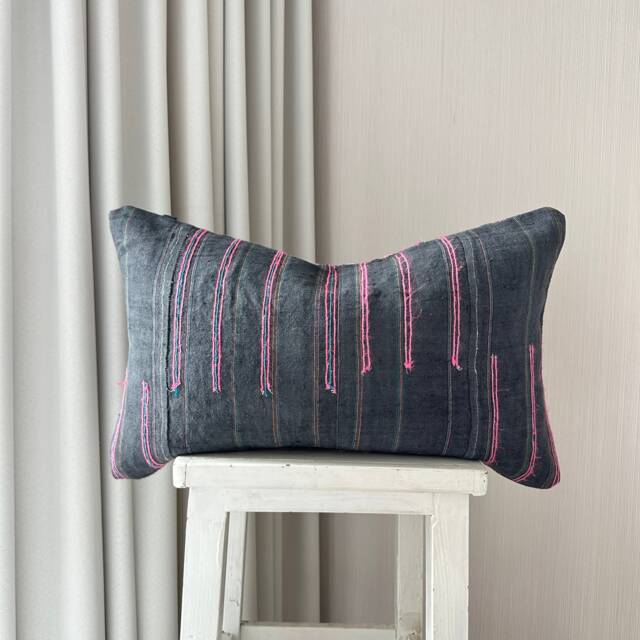 Vintage Hmong Hemp Pillow Cover Ethnic Lumbar Cushion, 12x20 - image 1