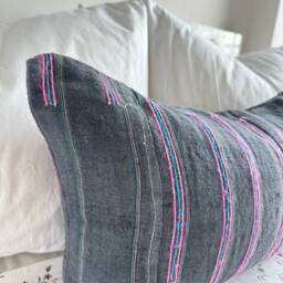 Vintage Hmong Hemp Pillow Cover Ethnic Lumbar Cushion, 12x20 - thumbnail 3