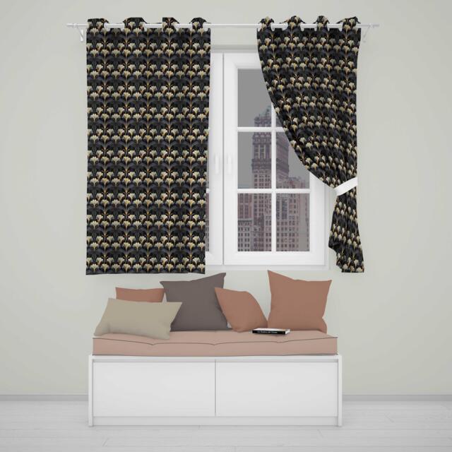 Art Deco Fan Floral Blue Gold Seamless Pattern Readymade Eyelet Ring Top Thermal 100% Blackout Curtains - image 1
