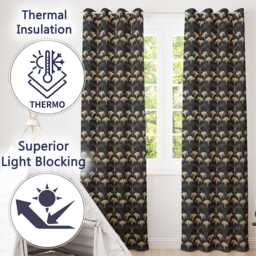 Art Deco Fan Floral Blue Gold Seamless Pattern Readymade Eyelet Ring Top Thermal 100% Blackout Curtains - thumbnail 3