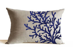Embroidered Coral Pillow Cover On Linen For Ocean Theme Cushion - Coastal Beach House Throw Nautical Decor Or Seaside - thumbnail 1
