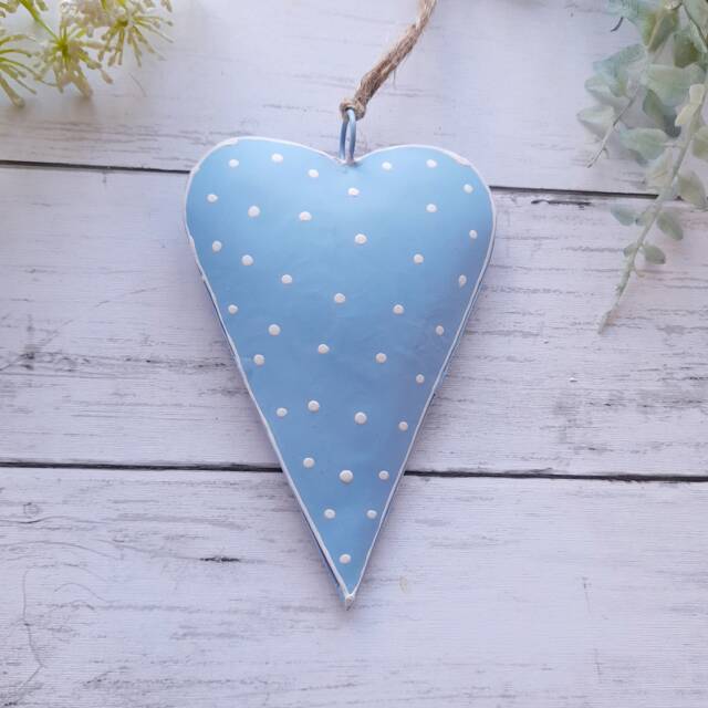 Large Blue Polka Dot Metal Hanging Heart - Decoration Wall Decor Rustic Gift Wedding Decorative - image 1