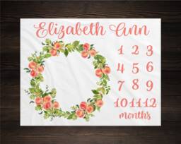 Peaches Milestone Blanket Month Growth Tracker Minky Fleece Custom Personalized Baby Shower Gift Watercolor Floral Newborn Peach