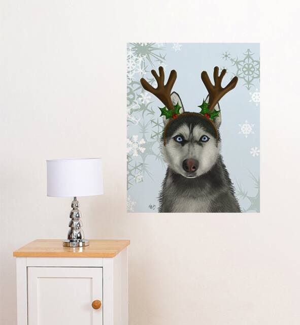 Husky With Antlers Wall Sticker Decal - Dogs & Pets Stickers, Art, Decals, Kids Boys, Girls, Animals Decals