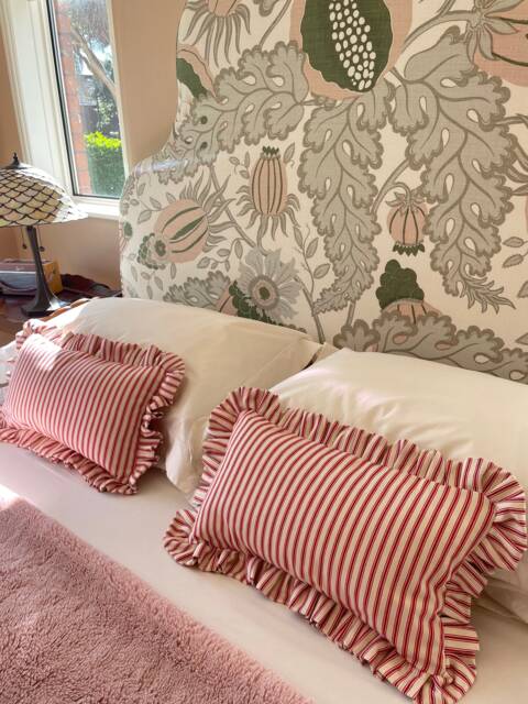Red Ticking Stripe Frilled Ruffle Lumbar Cushion With Feather Inner. 35cm X 55cm - image 1