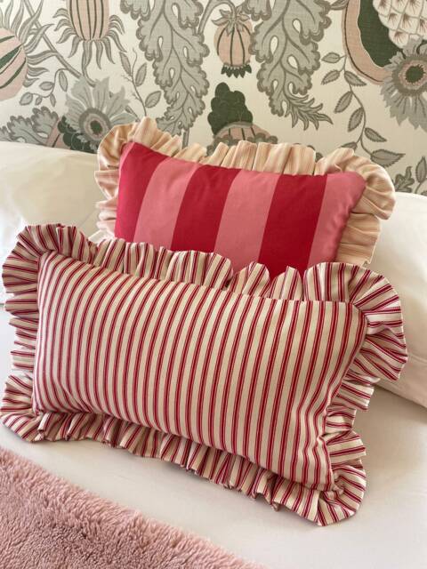 Red Ticking Stripe Lumbar Cushion Cover With Ruffled Edge, Bolster Pillow, Farmhouse Decor - image 1