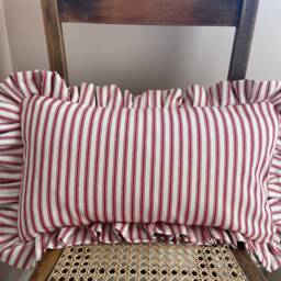 Red Ticking Stripe Frilled Ruffle Lumbar Cushion With Feather Inner. 35cm X 55cm - thumbnail 3