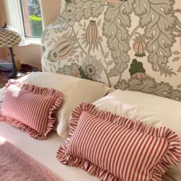 Red Ticking Stripe Lumbar Cushion Cover With Ruffled Edge, Bolster Pillow, Farmhouse Decor - thumbnail 2