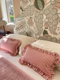 Red Ticking Stripe Frilled Ruffle Lumbar Cushion With Feather Inner. 35cm X 55cm - thumbnail 1