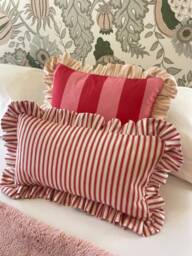 Red Ticking Stripe Lumbar Cushion Cover With Ruffled Edge, Bolster Pillow, Farmhouse Decor