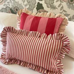 Red Ticking Stripe Frilled Ruffle Lumbar Cushion With Feather Inner. 35cm X 55cm - thumbnail 2