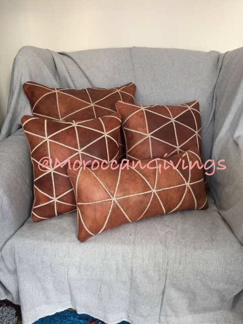 stuffed Leather Cushion - Accent Pillow Couch Cover With Embroidery Different Sizes Moroccan, Luxurious Design - image 1