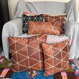 stuffed Leather Cushion - Accent Pillow Couch Cover With Embroidery Different Sizes Moroccan, Luxurious Design - thumbnail 3