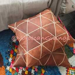 stuffed Leather Cushion - Accent Pillow Couch Cover With Embroidery Different Sizes Moroccan, Luxurious Design - thumbnail 2