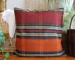 60cm - 24Inch Vintage Kilim Cushion Cover Handwoven - Tartan Check Brown Orange Maroon Cream