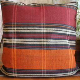 60cm - 24Inch Vintage Kilim Cushion Cover Handwoven - Tartan Check Brown Orange Maroon Cream - thumbnail 2
