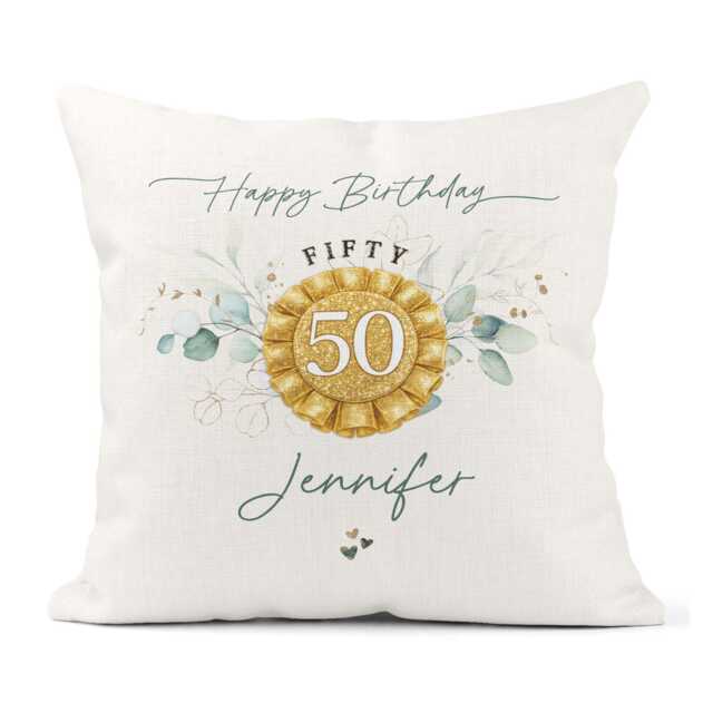 Personalised 50Th Birthday Cushion - Eucalyptus Fifty, Friend, Daughter, Sister For Her Gift - image 1
