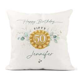 Personalised 50Th Birthday Cushion - Eucalyptus Fifty, Friend, Daughter, Sister For Her Gift - thumbnail 1