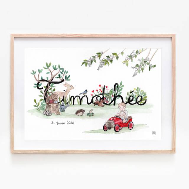 Customizable Baby Name Illustration, Watercolor Painting, Children's Room Decoration, Birth Gift, Car, Garden Animals - image 1