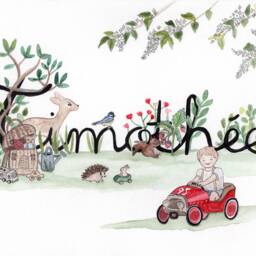 Customizable Baby Name Illustration, Watercolor Painting, Children's Room Decoration, Birth Gift, Car, Garden Animals - thumbnail 2