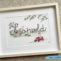 Customizable Baby Name Illustration, Watercolor Painting, Children's Room Decoration, Birth Gift, Car, Garden Animals - thumbnail 3