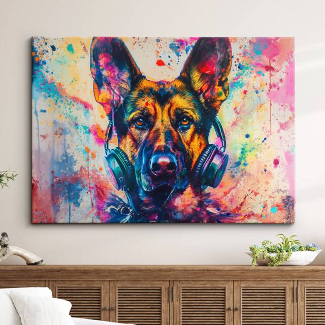 German Shepherd Dj Headphones Painting Framed Poster Print & Canvas Wall Decor Art Home Living Room Dog Gift Pet Music - image 1