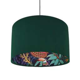 Green Velvet Lampshade With Tropical Wonderland Lining, Large Ceiling Lightshade