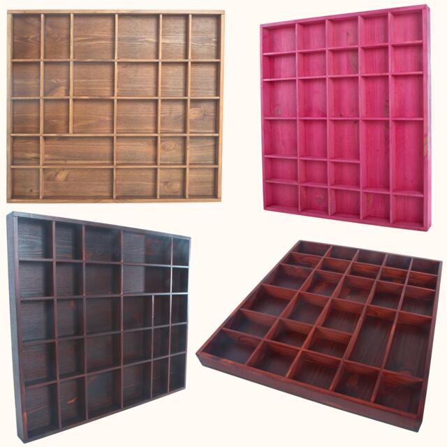 Wooden Display Trinkets Shelf 28 Compartments Shadow Box Small Items Cabinet Miniatures Crystals Wall Rack Shallow Grids Tray Hand-stained - image 1