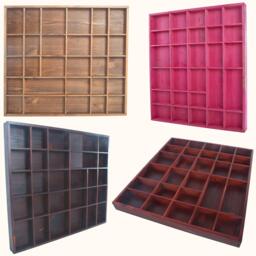 Wooden Display Trinkets Shelf 28 Compartments Shadow Box Small Items Cabinet Miniatures Crystals Wall Rack Shallow Grids Tray Hand-stained - thumbnail 1
