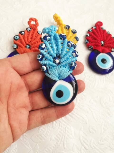 Macrame Evil Eye Wall Hanging Turkish Fused Glass Decor - image 1