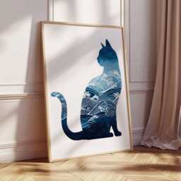 Cat & Waves Poster, Japanese Inspired Wall Art, Blue Ocean Silhouette Print, Modern Animal Artwork, Zen Coastal Home Decor - thumbnail 2