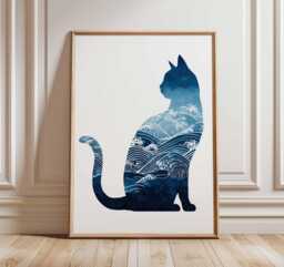 Cat & Waves Poster, Japanese Inspired Wall Art, Blue Ocean Silhouette Print, Modern Animal Artwork, Zen Coastal Home Decor - thumbnail 1
