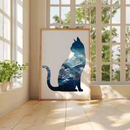 Cat & Waves Poster, Japanese Inspired Wall Art, Blue Ocean Silhouette Print, Modern Animal Artwork, Zen Coastal Home Decor - thumbnail 3