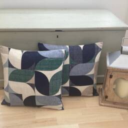 Reno Geometric Navy Blue Jade Ivory Linen Home Accessories Cushion Throw Cover/Sham Pillowcase - thumbnail 2