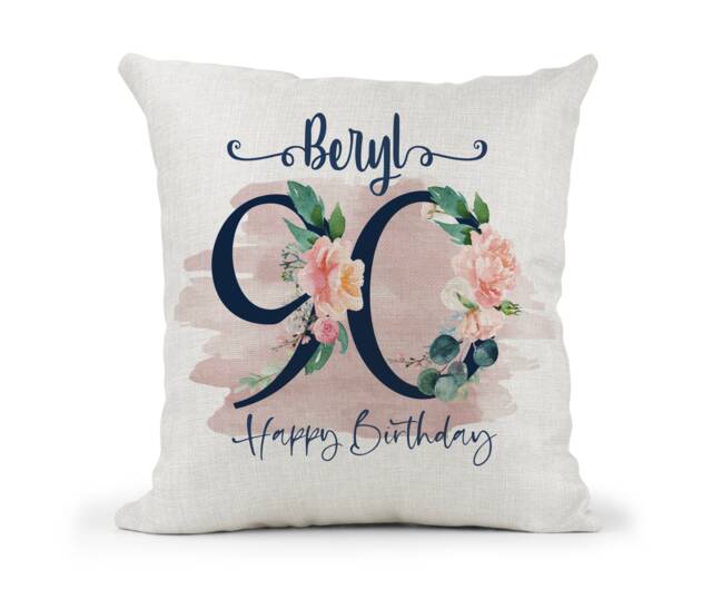 Personalised 90Th Special Birthday Cushion Navy & Peach Floral Mum, Nan, Friend, Sister Gift - image 1