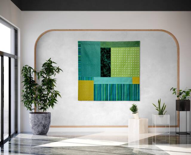 Minimalist Quilted Tapestry Turquoise Green Geometric Silk Wall Art - image 1