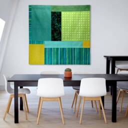 Minimalist Quilted Tapestry Turquoise Green Geometric Silk Wall Art - thumbnail 3