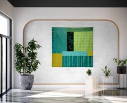 Minimalist Quilted Tapestry Turquoise Green Geometric Silk Wall Art - thumbnail 1
