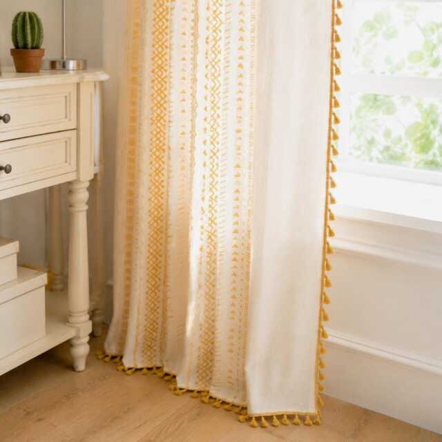 Boho Yellow Curtains With Tassels, Geometric Farmhouse Linen Cotton Drapes, Semi Blackout Rod Pocket