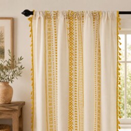 Boho Yellow Curtains With Tassels, Geometric Farmhouse Linen Cotton Drapes, Semi Blackout Rod Pocket - thumbnail 2