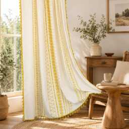 Boho Yellow Curtains With Tassels, Geometric Farmhouse Linen Cotton Drapes, Semi Blackout Rod Pocket - thumbnail 3