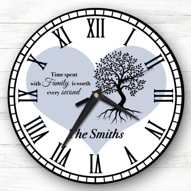 Family Tree Black Silhouette Heart Blue Personalised Gift Clock - image 1