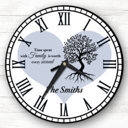 Family Tree Black Silhouette Heart Blue Personalised Gift Clock - thumbnail 1