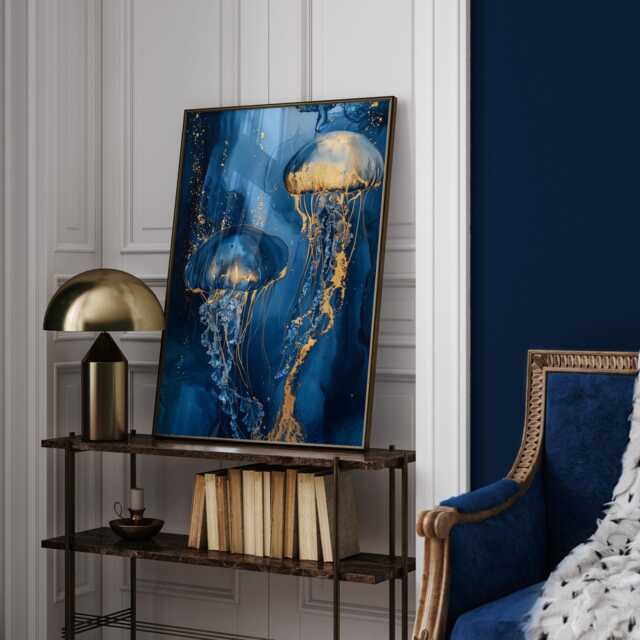 Navy Blue & Gold Jellyfish Wall Art Print - Abstract Ocean-Inspired Decor - image 1