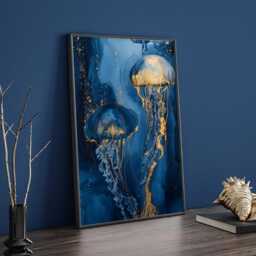 Navy Blue & Gold Jellyfish Wall Art Print - Abstract Ocean-Inspired Decor - thumbnail 2