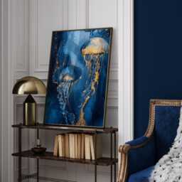 Navy Blue & Gold Jellyfish Wall Art Print - Abstract Ocean-Inspired Decor - thumbnail 1