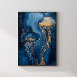 Navy Blue & Gold Jellyfish Wall Art Print - Abstract Ocean-Inspired Decor - thumbnail 3