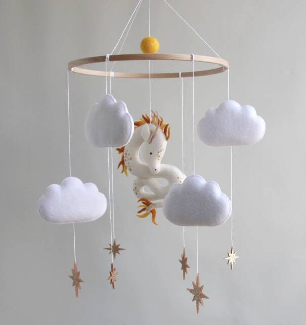 Dragon Baby Mobile - Felt Crib With Clouds & Stars Fantasy Nursery Decor Handmade Shower Gift - image 1