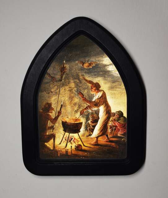 Halloween Black Gothic Arch Wooden Framed Picture, David Teniers, Witch Scene, Print, Witchy Wall Hanging - image 1